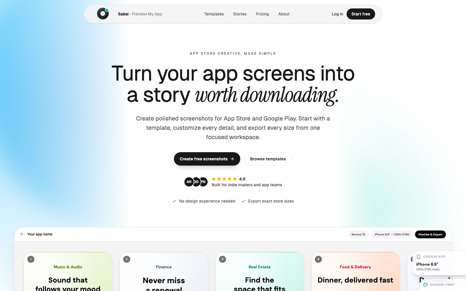 App screen preview workspace with phone mockups